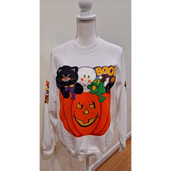 White XL 80's 90's Puffy Paint Halloween Sweatshirt Jack O Lantern Black Cat Owl - Picture 1 of 9